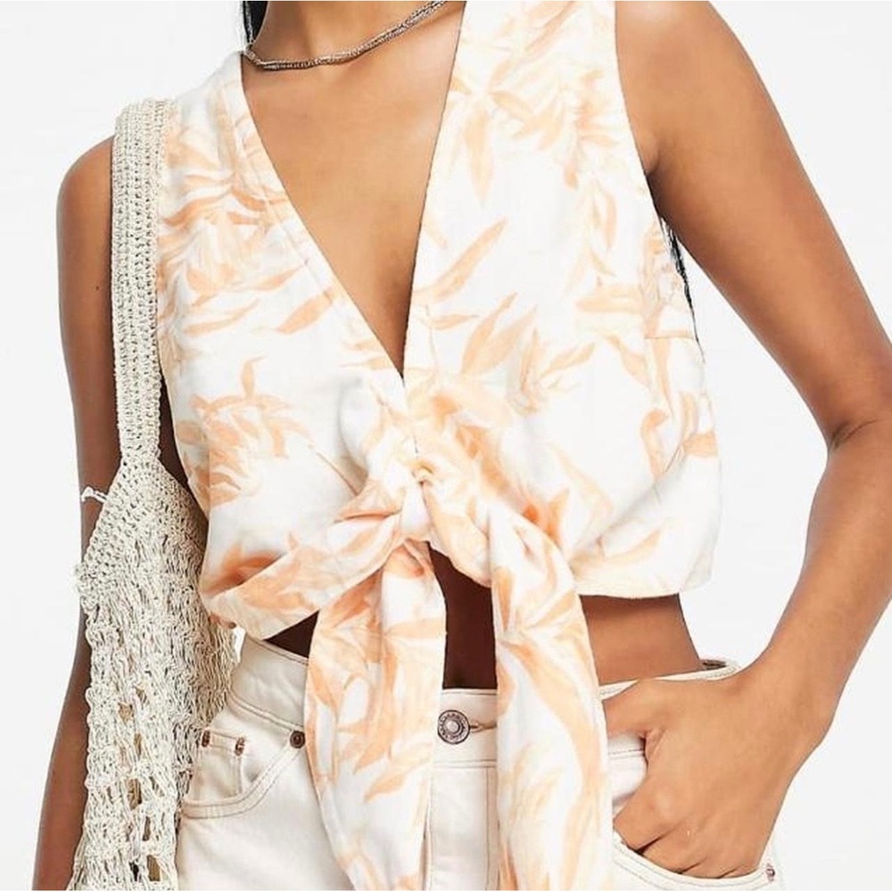 Abercrombie & Fitch Women Orange Tropical Palm Linen Blend Tie Front Crop Top S